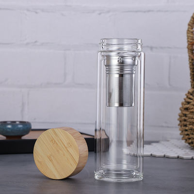 Подгонянная бутылка боросиликатного стекла, ясная стеклянная выпивая бутылка с бамбуковой крышкой поставщик
